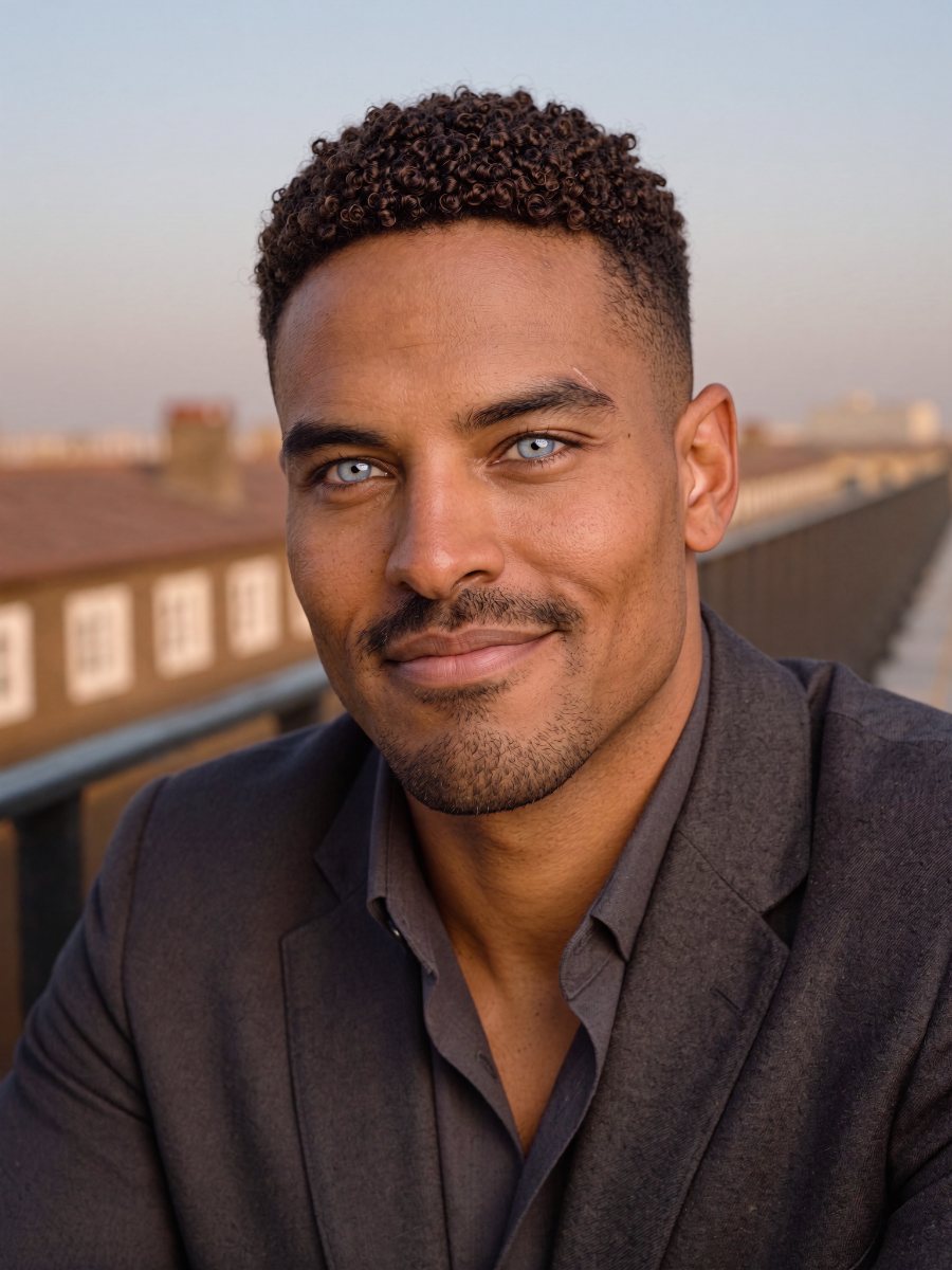 Elias Kade, an AI character: a man in his thirties in a charcoal jacket, smiling slightly, on a city rooftop at dusk